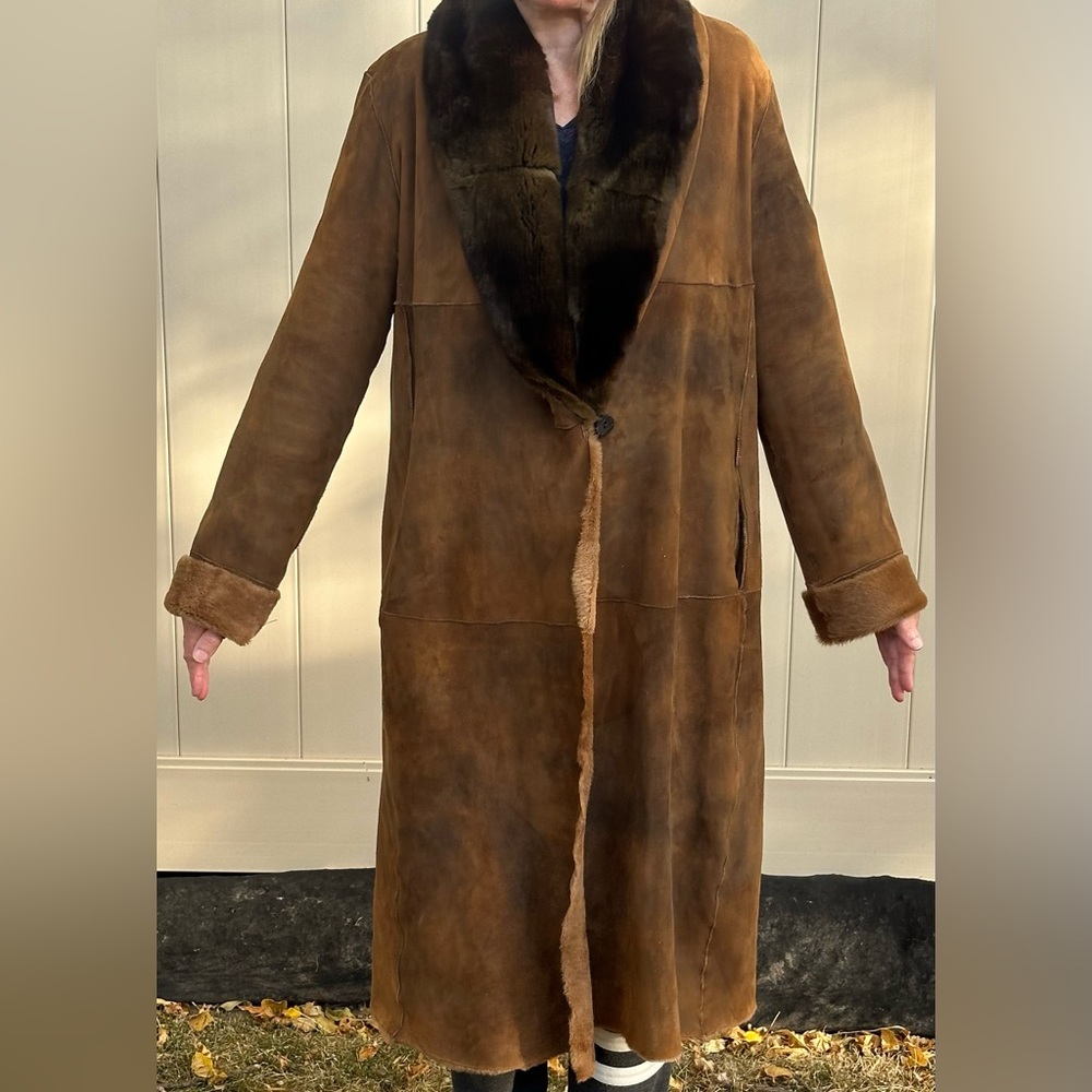 Vintage Midi Length Ombre Dyed Suede Shearling coat with Fur Collar